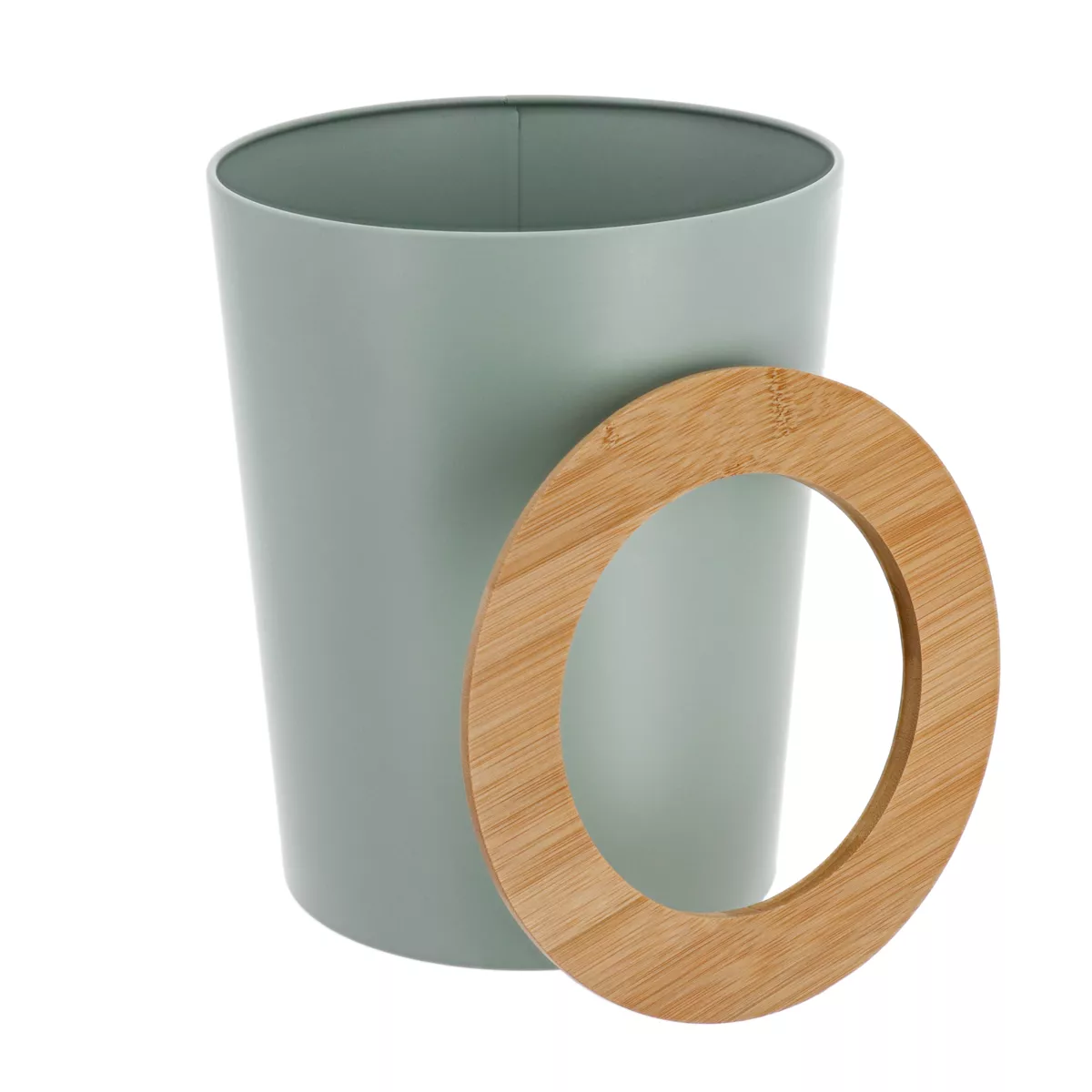 POUBELLE METAL EVASEE AVEC COUVERCLE BAMBOU 5L - VERT EUCALYPTUS