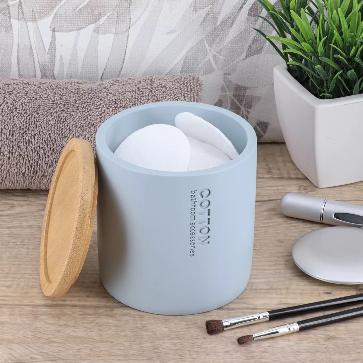 BOITE A COTON POLYRESINE COUVERCLE BAMBOU - BLEU CLAIR/BAMBOU