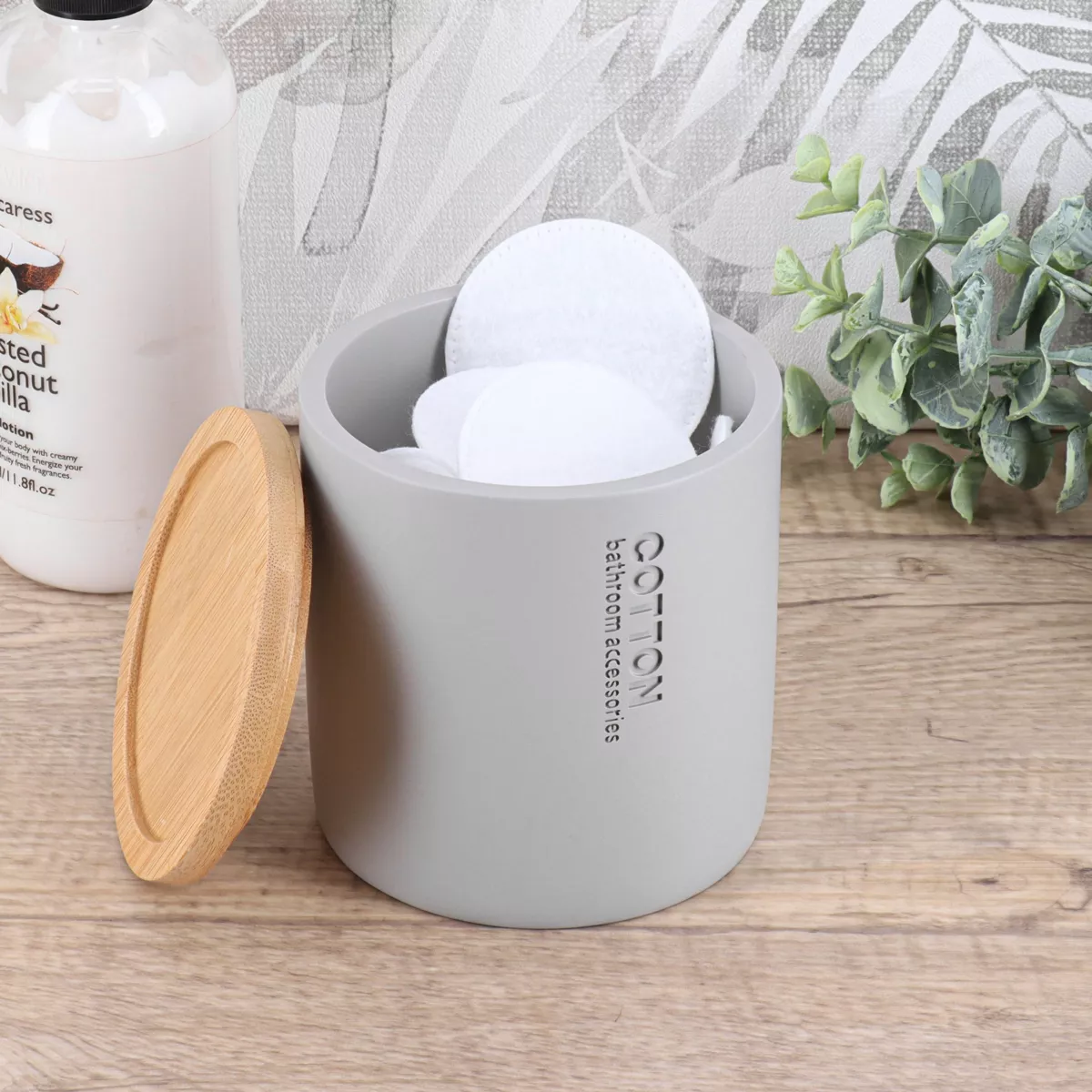 BOITE A COTON POLYRESINE COUVERCLE BAMBOU - GRIS CLAIR/BAMBOU