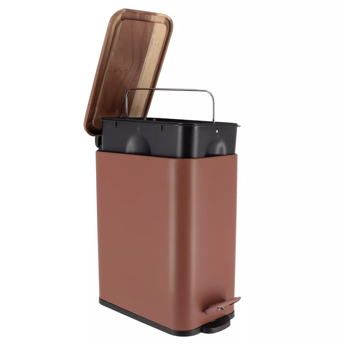 POUBELLE METAL RECTANGULAIRE  5L FREIN DE CHUTE COUVERCLE  ACACIA PEDALE METAL- AMBRE