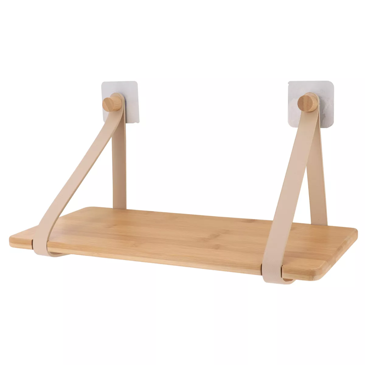 ETAGERE BAMBOU + LANIERES SIMILI CUIR SUR STICKER OU A FIXER - BEIGE/BAMBOU