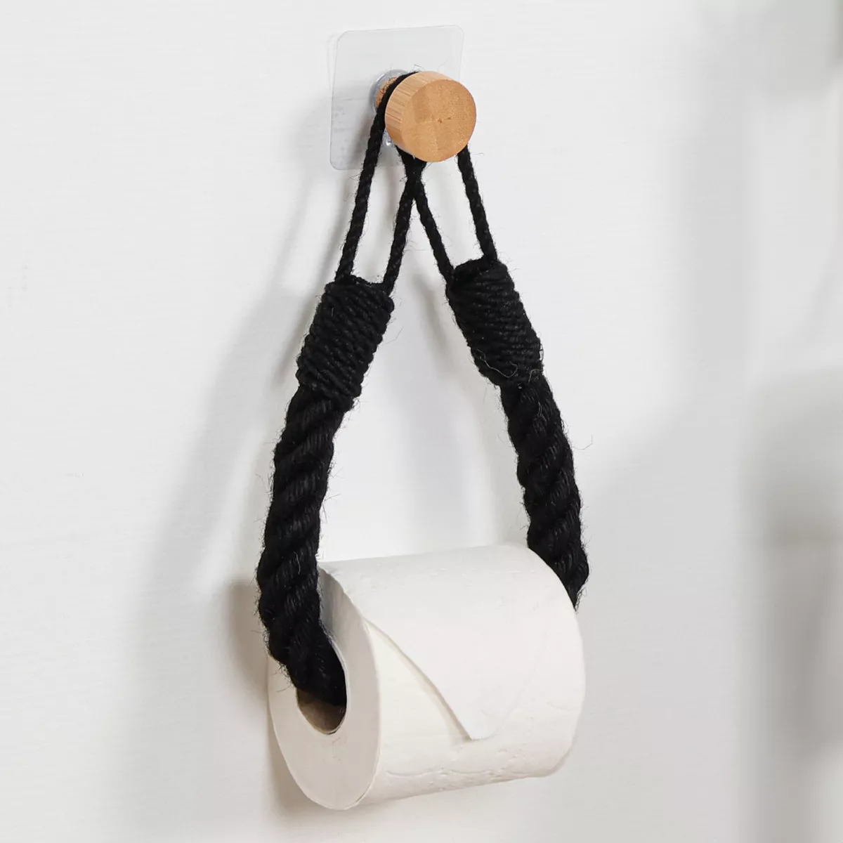 DEROULEUR  PAPIER WC OU PORTE SERVIETTES CORDE + BAMBOU SUR STICKER - NOIR