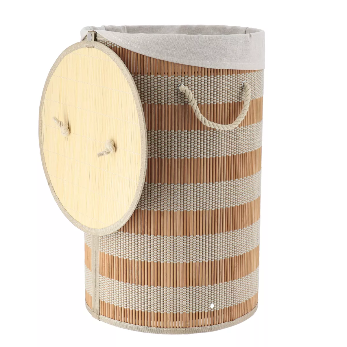 Cesto de ropa redondo y plegable (H55 cm) Bambú Natural y beige