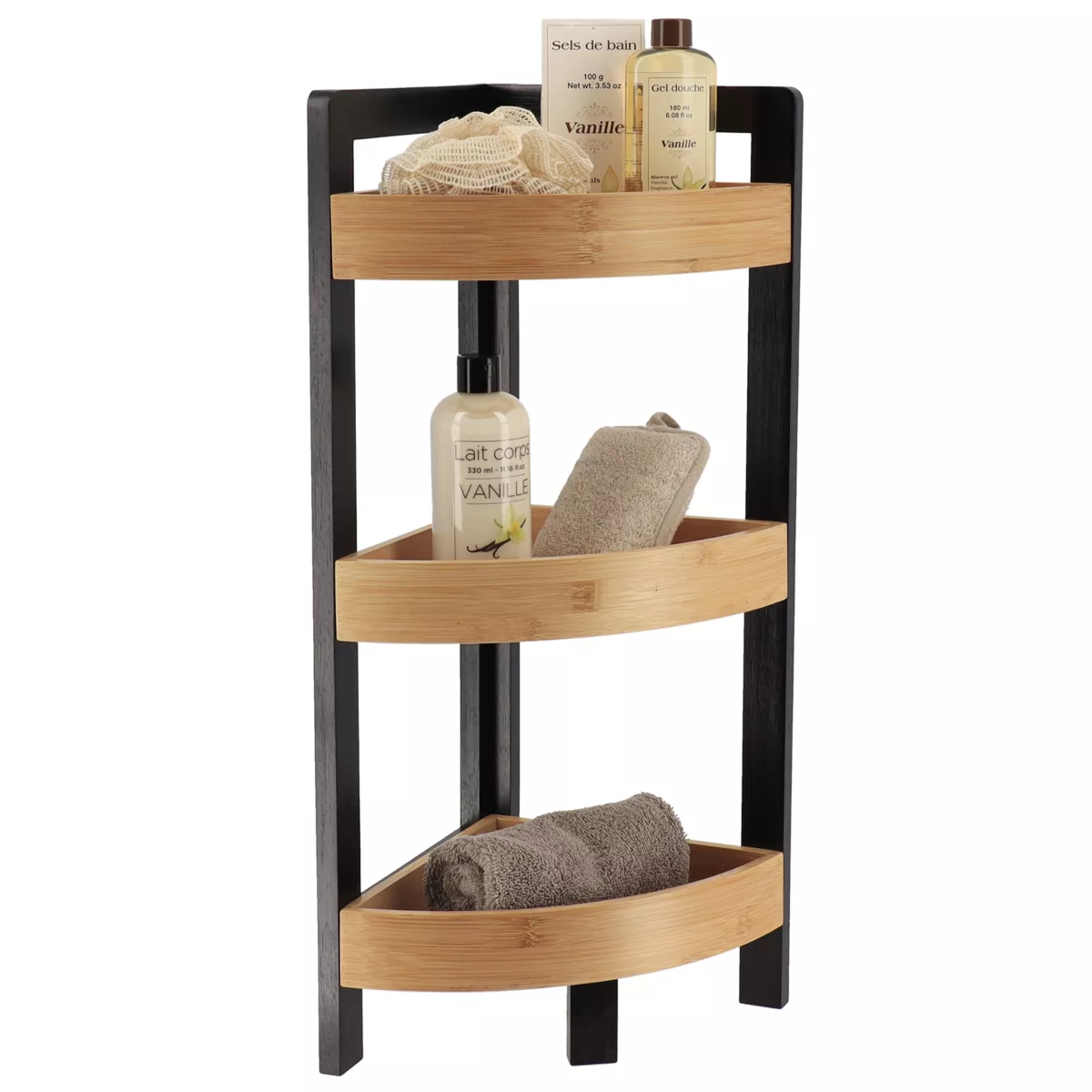 MEUBLE D'ANGLE 3 ETAGERES BAMBOU - NOIR/BAMBOU