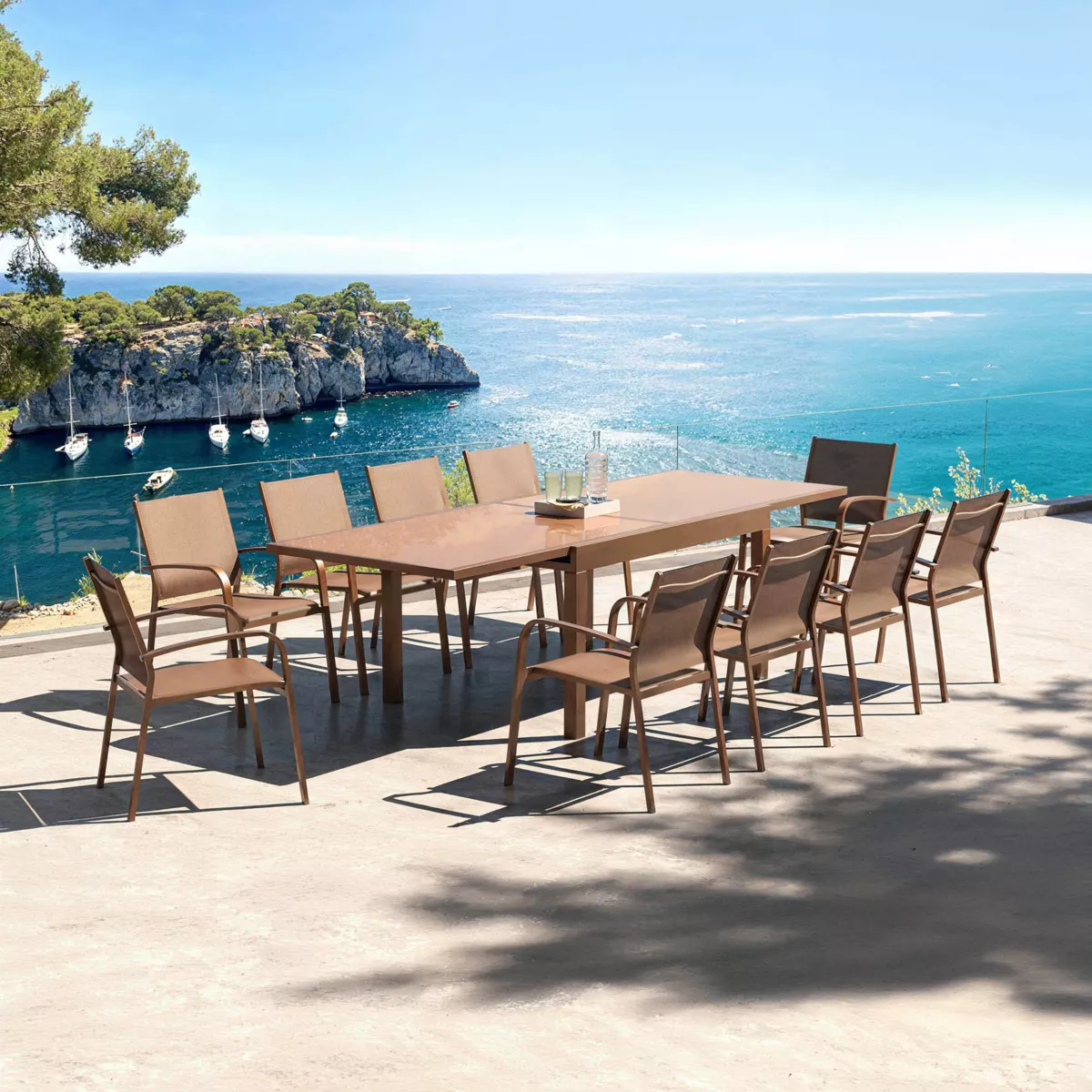 Table de jardin extensible en verre 10 places (135/270 x 90 cm) Murano Bronze