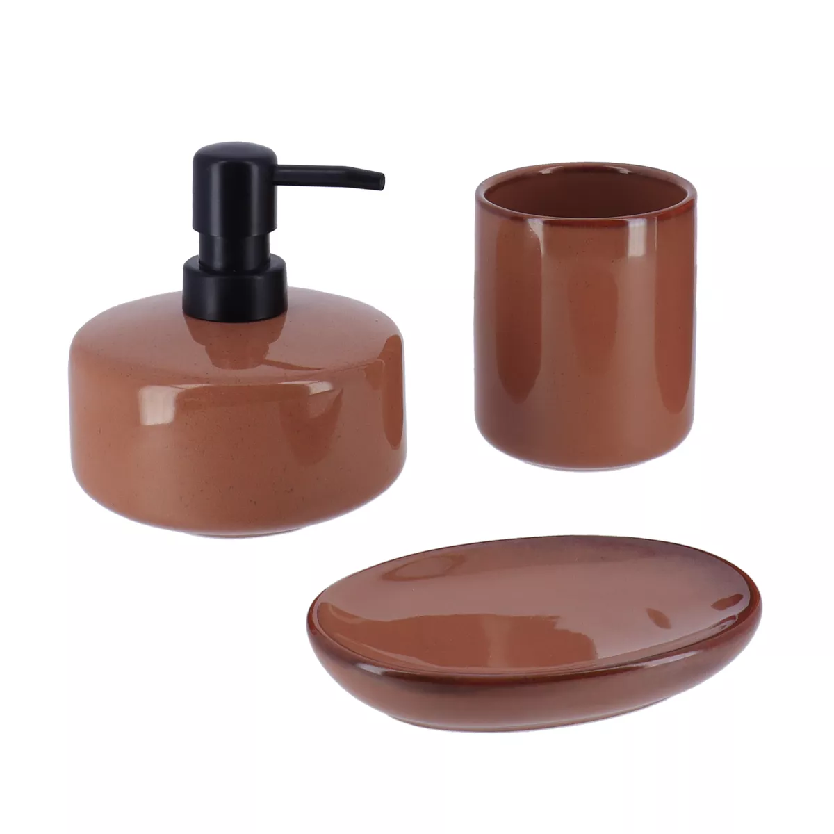 SET GOBELET DISTRIBUTEUR A SAVON ET PORTE SAVON GRES LAQUE - AMBRE
