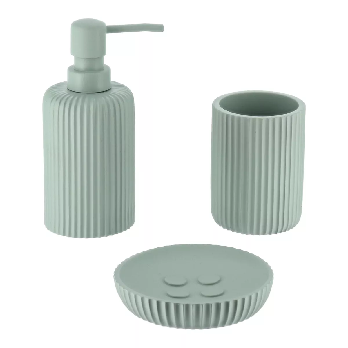 SET GOBELET DISTRIBUTEUR A SAVON ET PORTE SAVON POLYRESINE STRIEE - VERT EUCALYPTUS
