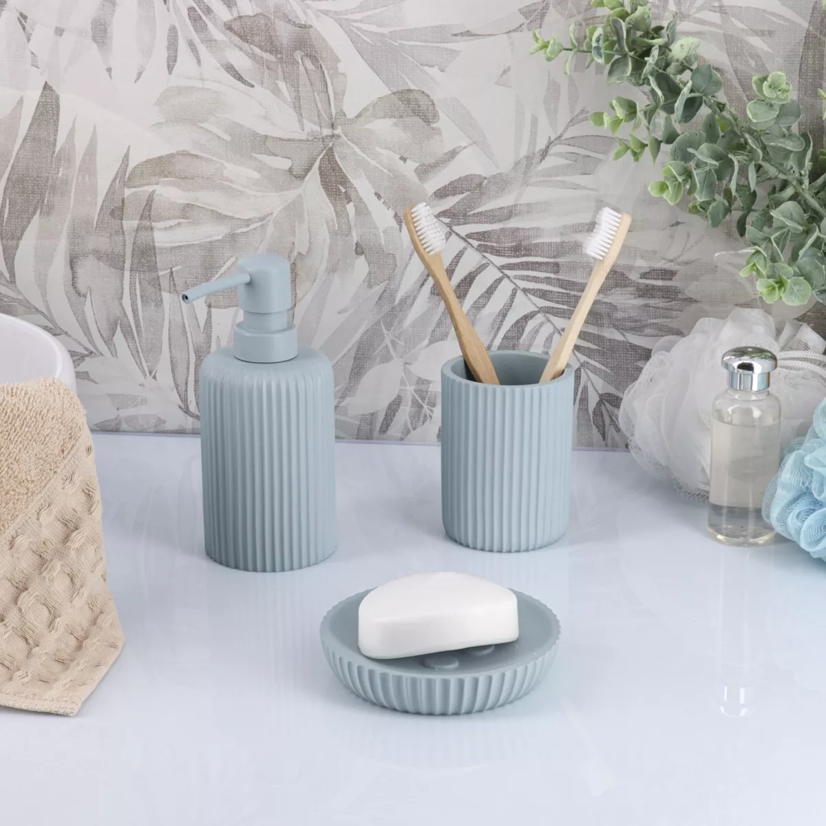 Set di accessori per il bagno in resina Striato Azzurro