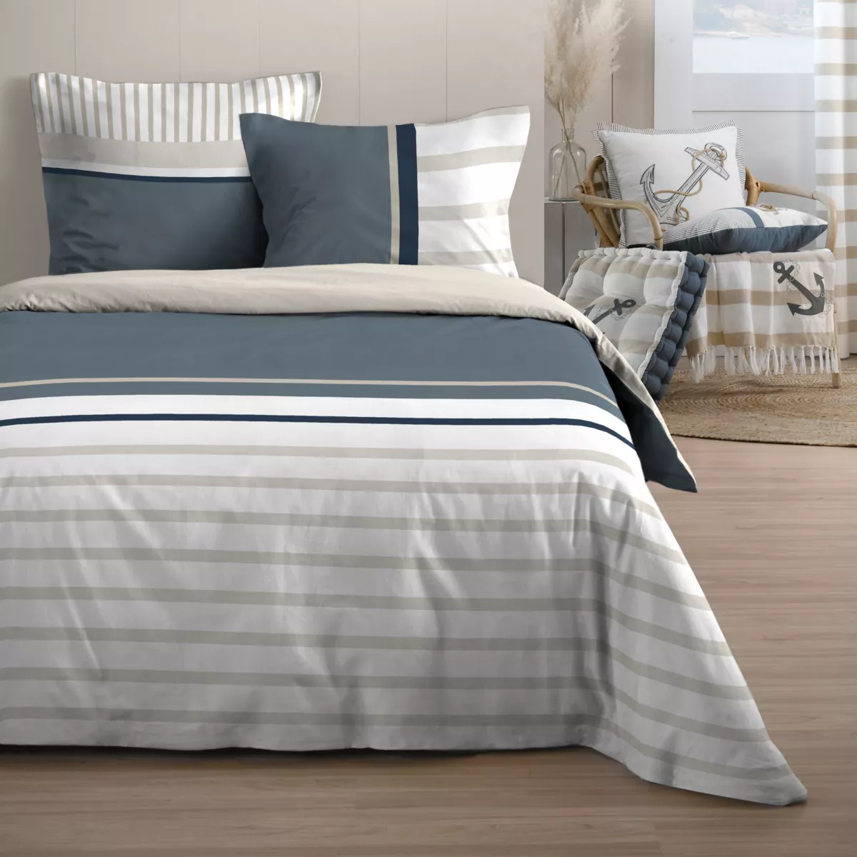 Housse de couette et deux taies coton (240 x 220 cm) Nautical Bleue