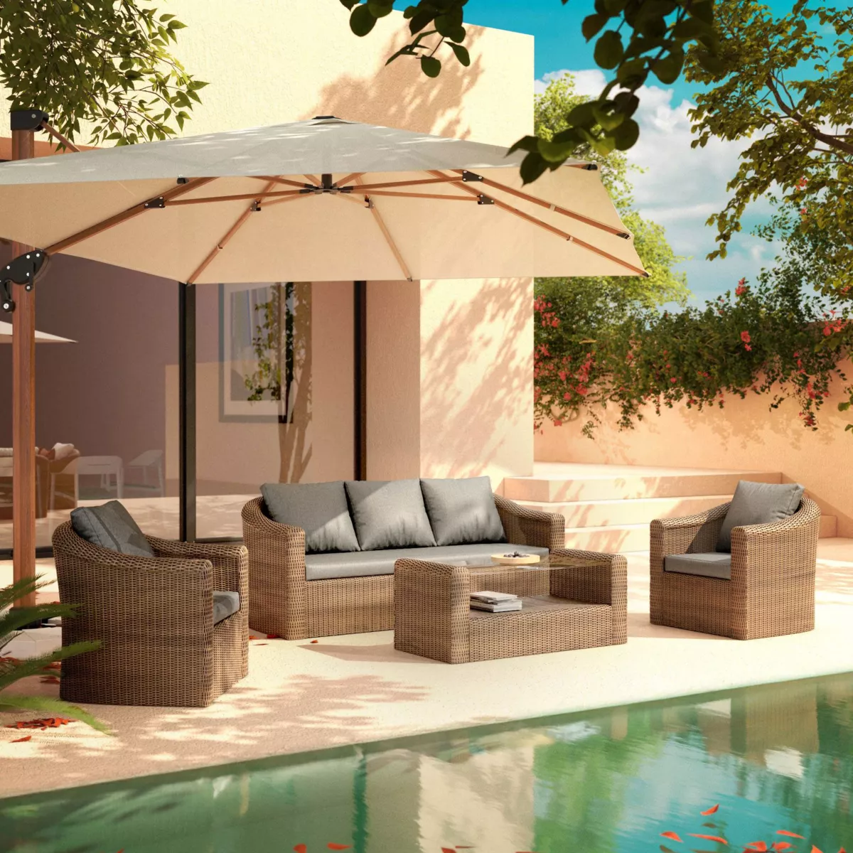 Salotto da giardino in resina intrecciata 5 posti 4 pezzi Calvi Seppia e grigio scuro