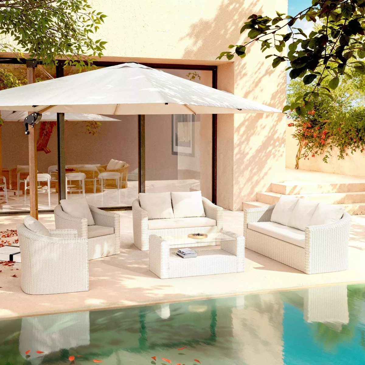 Salotto da giardino in resina intrecciata 7 posti 5 pezzi Calvi Bianco