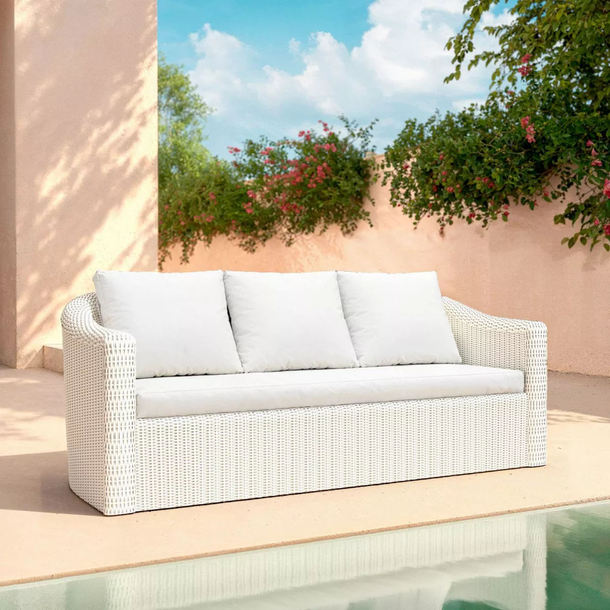 Salotto da giardino in resina intrecciata 7 posti 5 pezzi Calvi Bianco