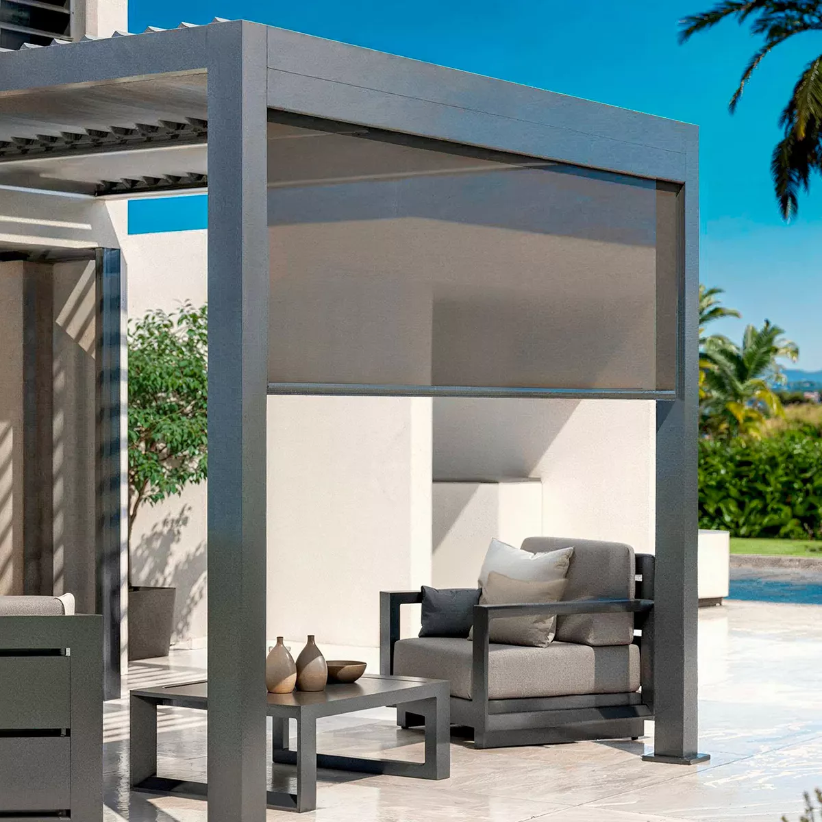 Cortina motorizada para pérgola bioclimática adosada (3 x 3 m) Gris antracita