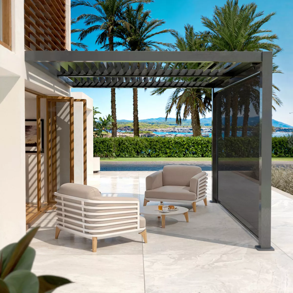 Cortina motorizada para pérgola bioclimática adosada (3 x 3 m) Gris antracita