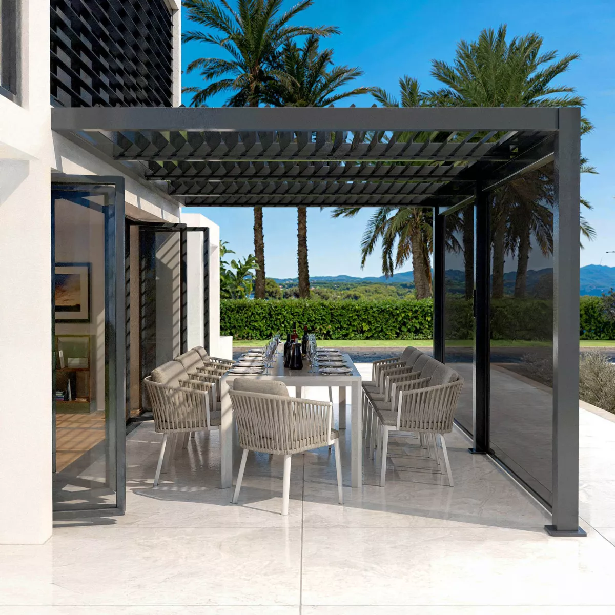 Lot de 2 rideaux motorisés pour pergola bioclimatique adossée (3 x 6 m) Gris anthracite