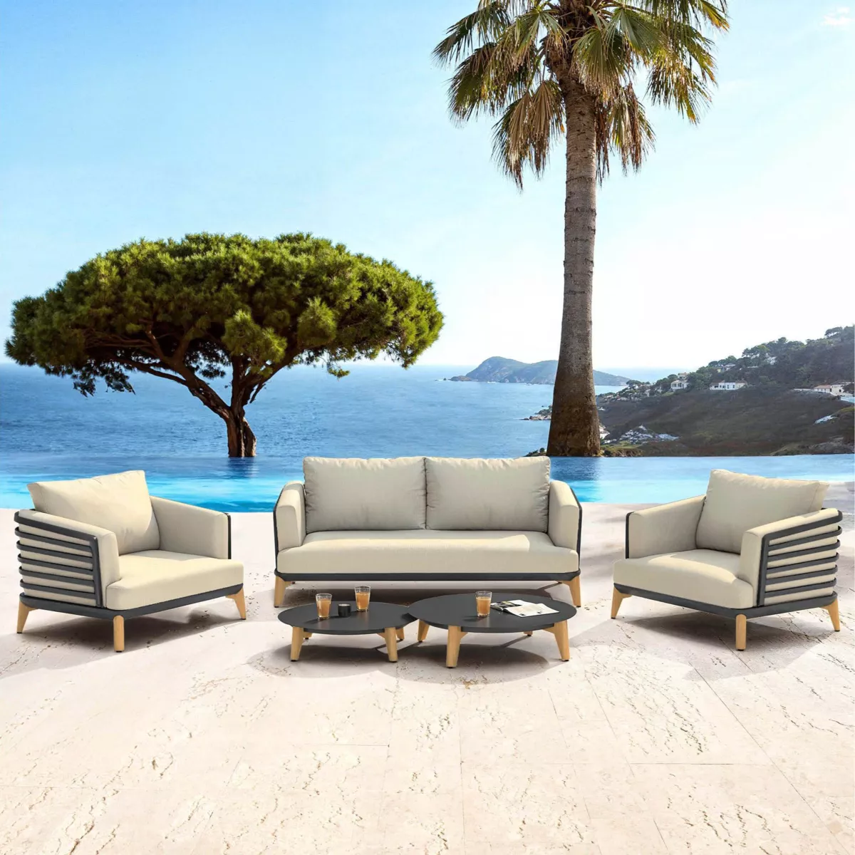 SALON DE JARDIN MONTE-CARLO 4 PLACES STRUCTURE ANTHRACITE ET COUSSINS BEIGE