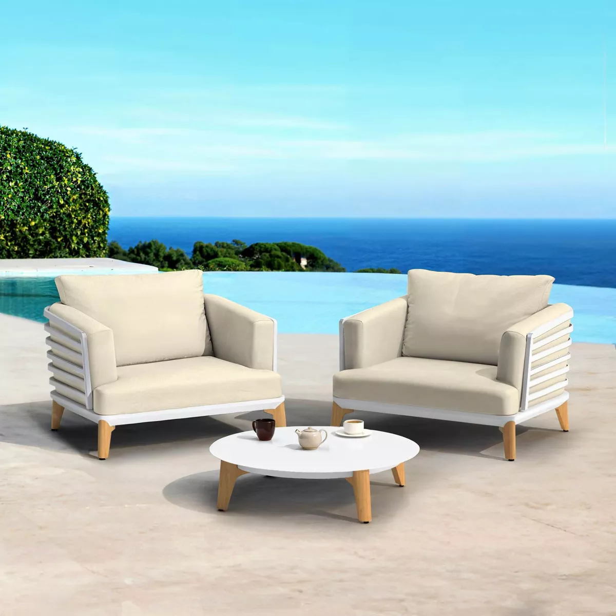 Salon de jardin aluminium 2 places 3 pcs Monte Carlo Blanc et beige