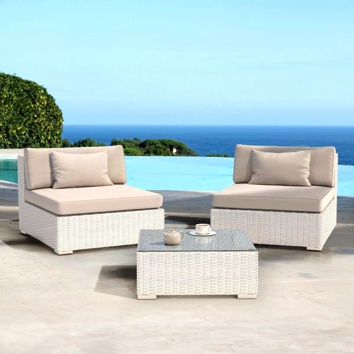 Salon de jardin en résine tressée 2 places 3 pcs Palma Blanc et taupe