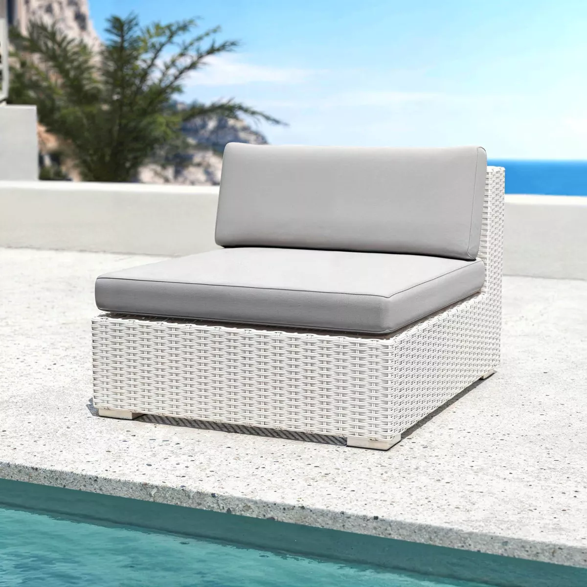 Salotto da giardino in resina intrecciata 4 posti 4 pezzi Palma Bianco e grigio