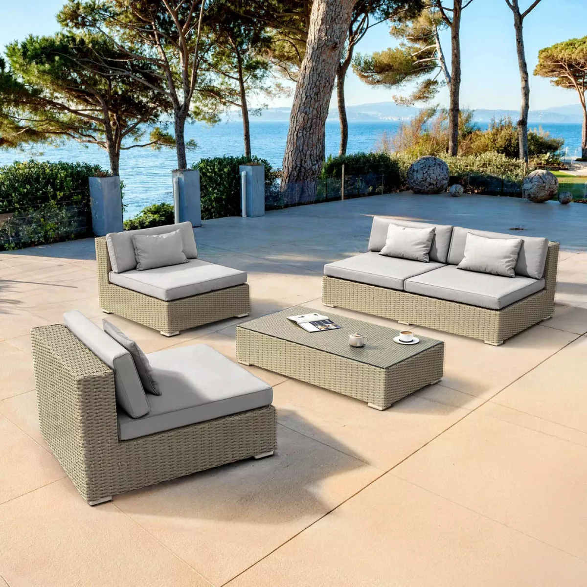 Salon de jardin en résine tressée 4 places 4 pcs Palma Gris