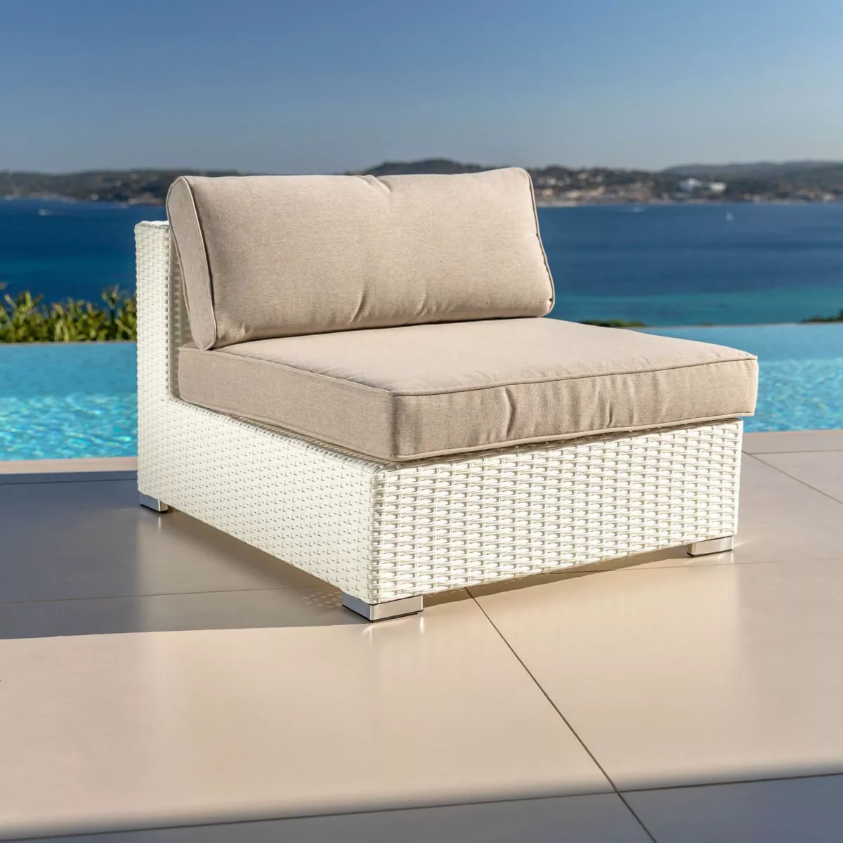 Salotto da giardino in resina intrecciata 4 posti 5 pezzi Palma Bianco e tortora