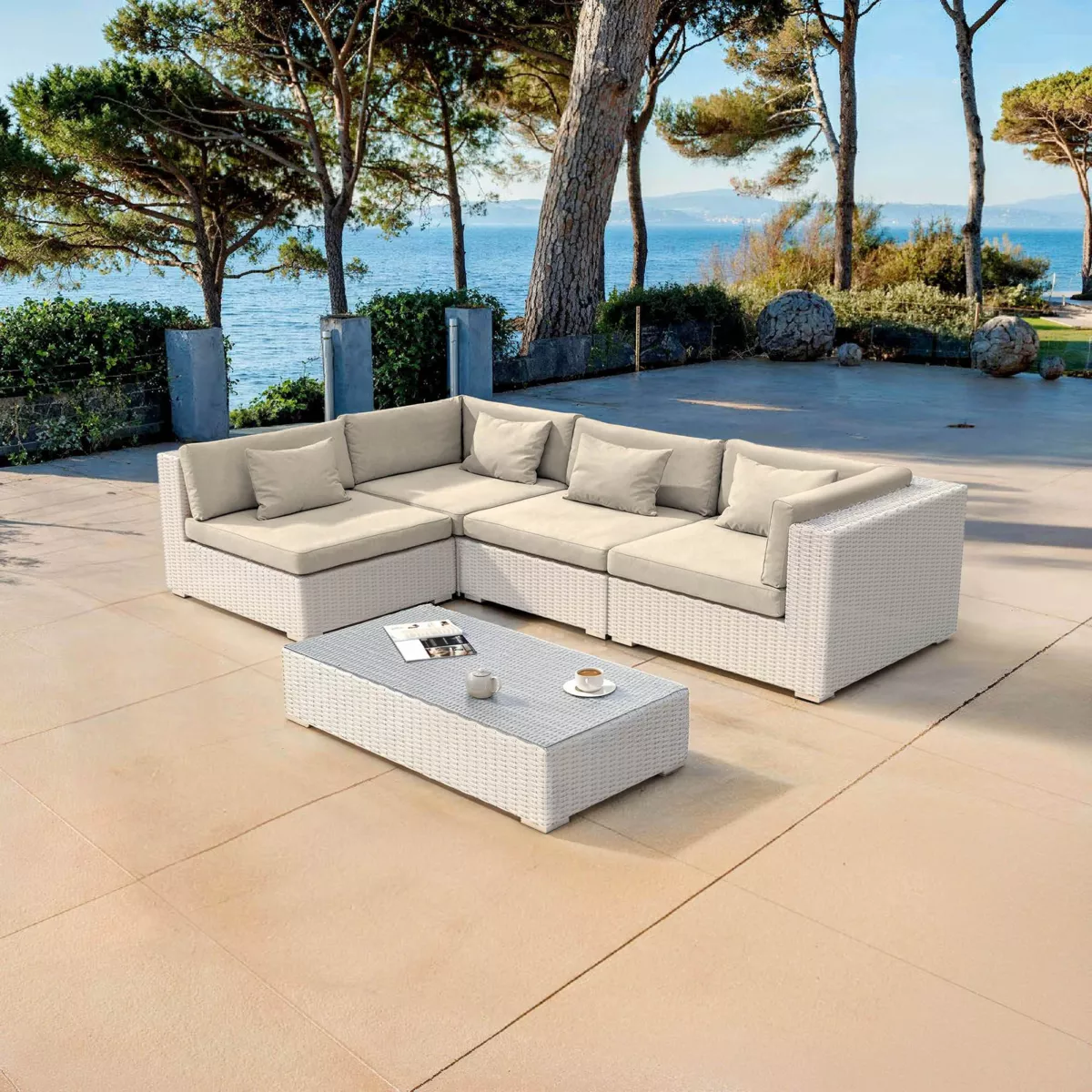 Salotto da giardino in resina intrecciata 4 posti 5 pezzi Palma Bianco e beige