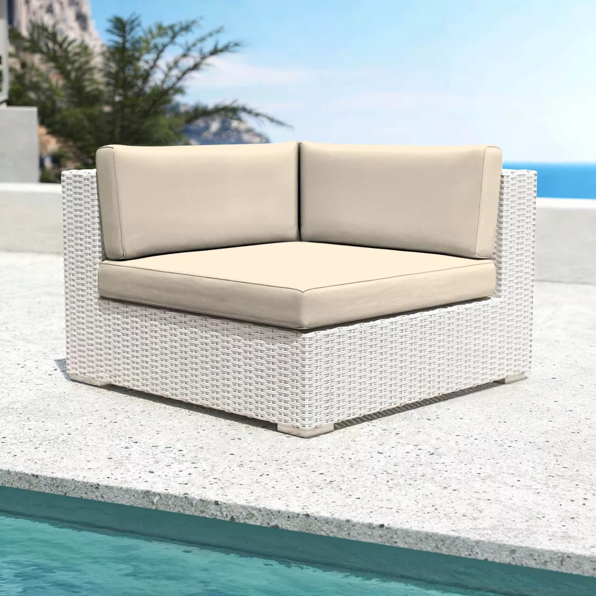 Salotto da giardino in resina intrecciata 4 posti 5 pezzi Palma Bianco e beige