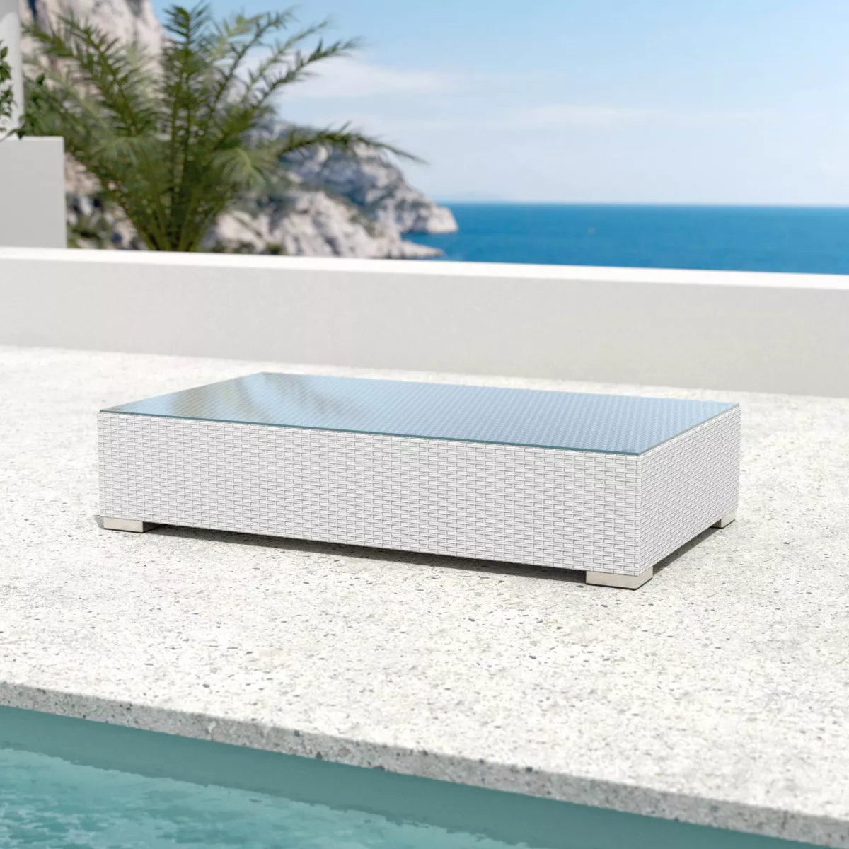 Salotto da giardino in resina intrecciata 4 posti 5 pezzi Palma Bianco e beige