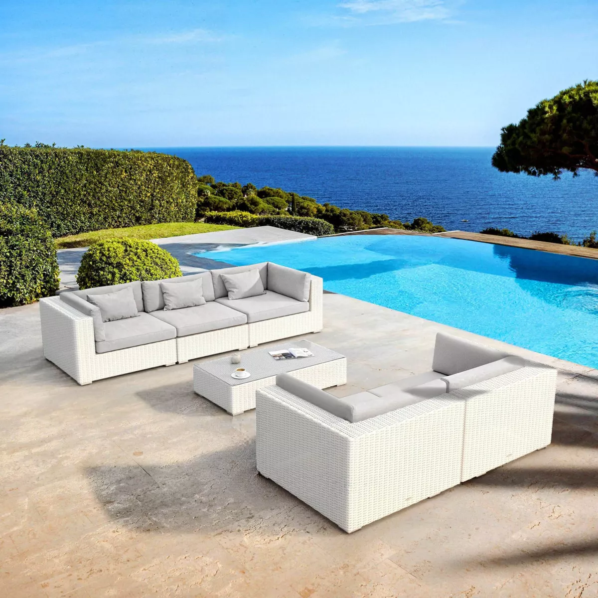 Salotto da giardino in resina intrecciata 5 posti 6 pezzi Palma Bianco e grigio