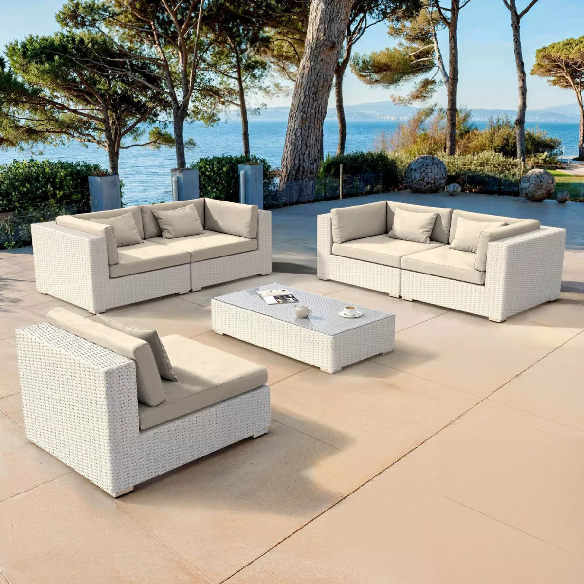 Salotto da giardino in resina intrecciata 5 posti 6 pezzi Palma Bianco e beige