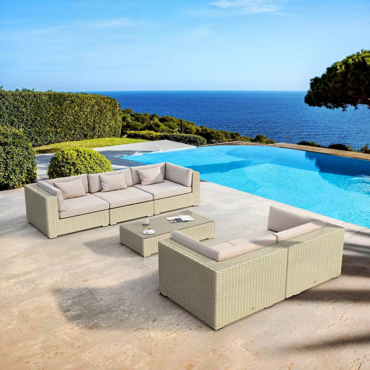 Salotto da giardino in resina intrecciata 5 posti 6 pezzi Palma Grigio e tortora