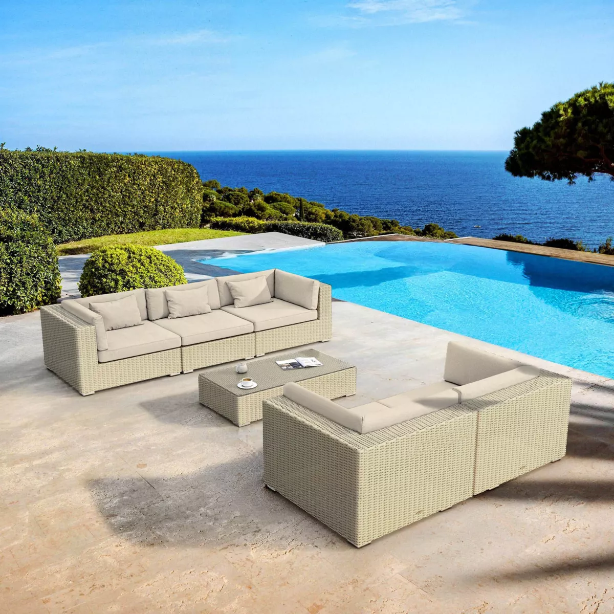 Salotto da giardino in resina intrecciata 5 posti 6 pezzi Palma Grigio e beige