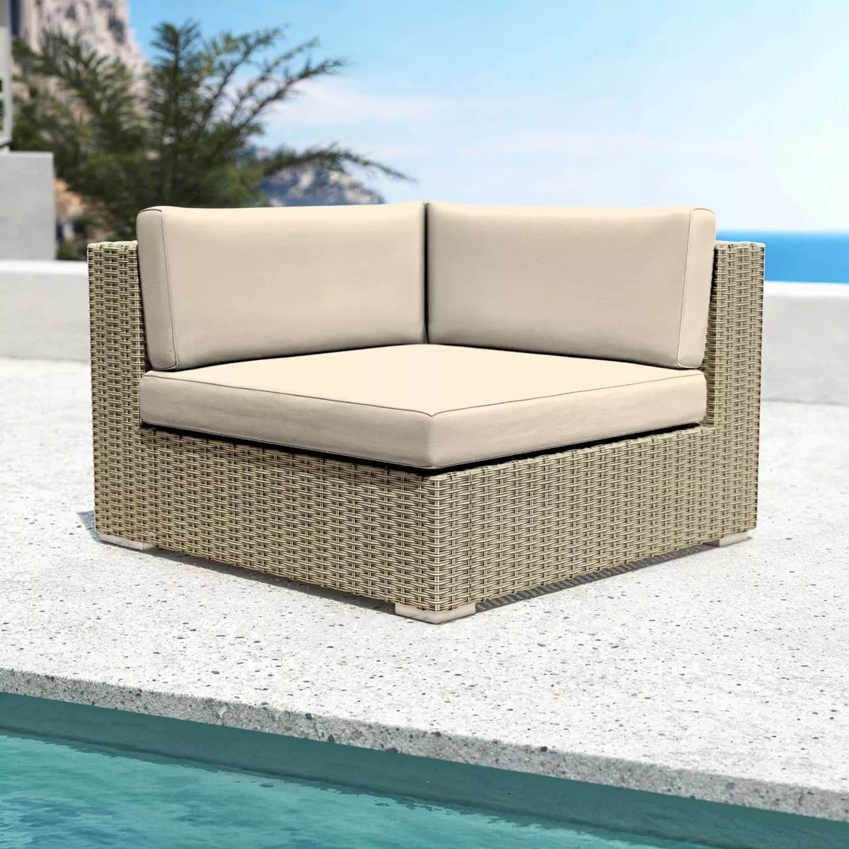 Salotto da giardino in resina intrecciata 5 posti 6 pezzi Palma Grigio e beige