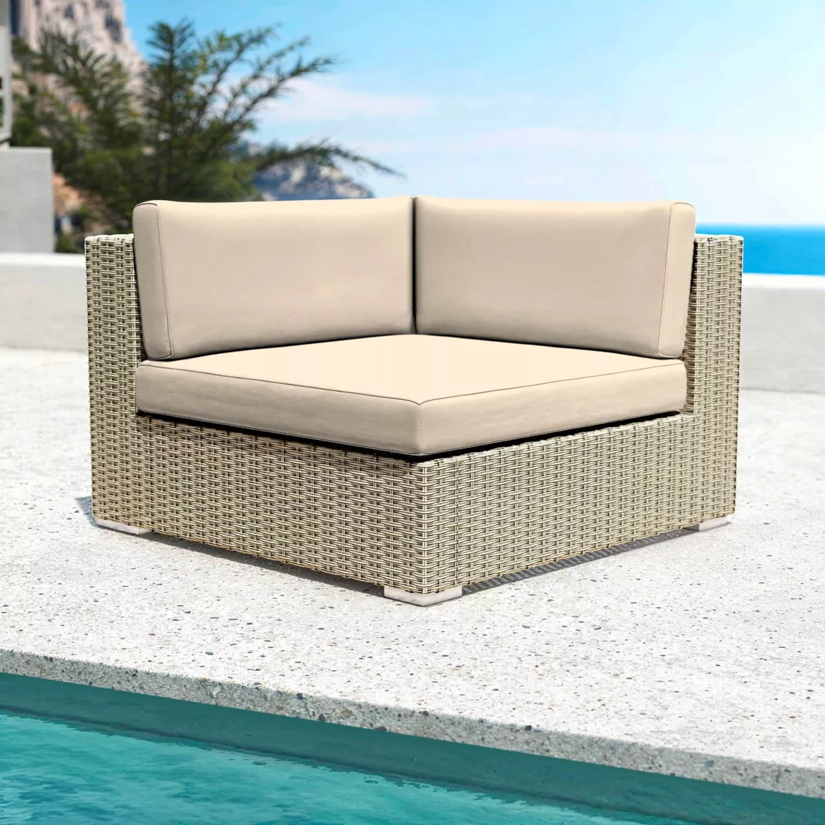 Salon de jardin d'angle en résine tressée 5 places Palma Gris et beige