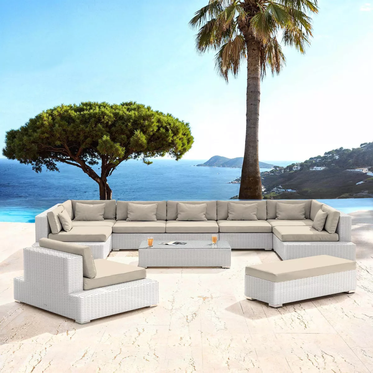 Salotto da giardino in resina intrecciata 9 posti 9 pezzi Palma Bianco e beige
