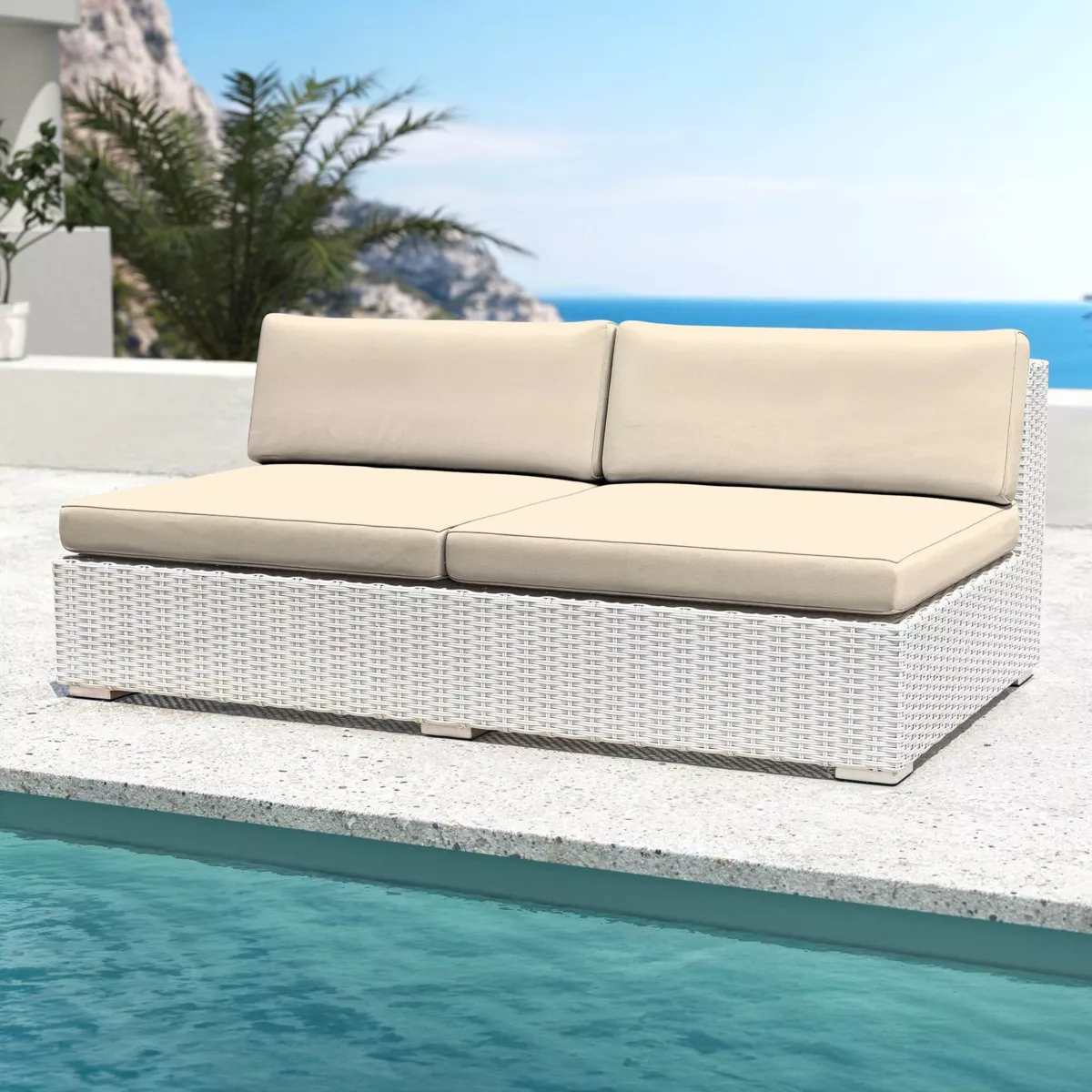 Salotto da giardino in resina intrecciata 9 posti 9 pezzi Palma Bianco e beige