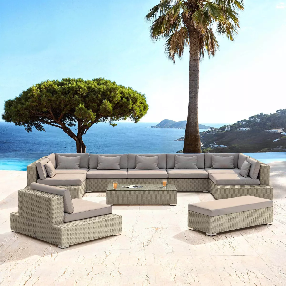 Salotto da giardino in resina intrecciata 9 posti 9 pezzi Palma Grigio e tortora