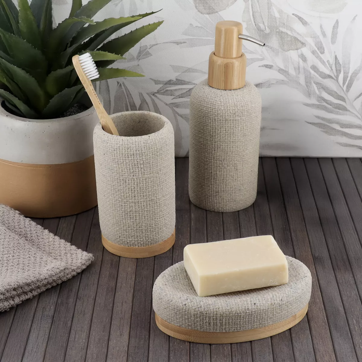 Set d'accessoires salle de bain effet Maille Beige