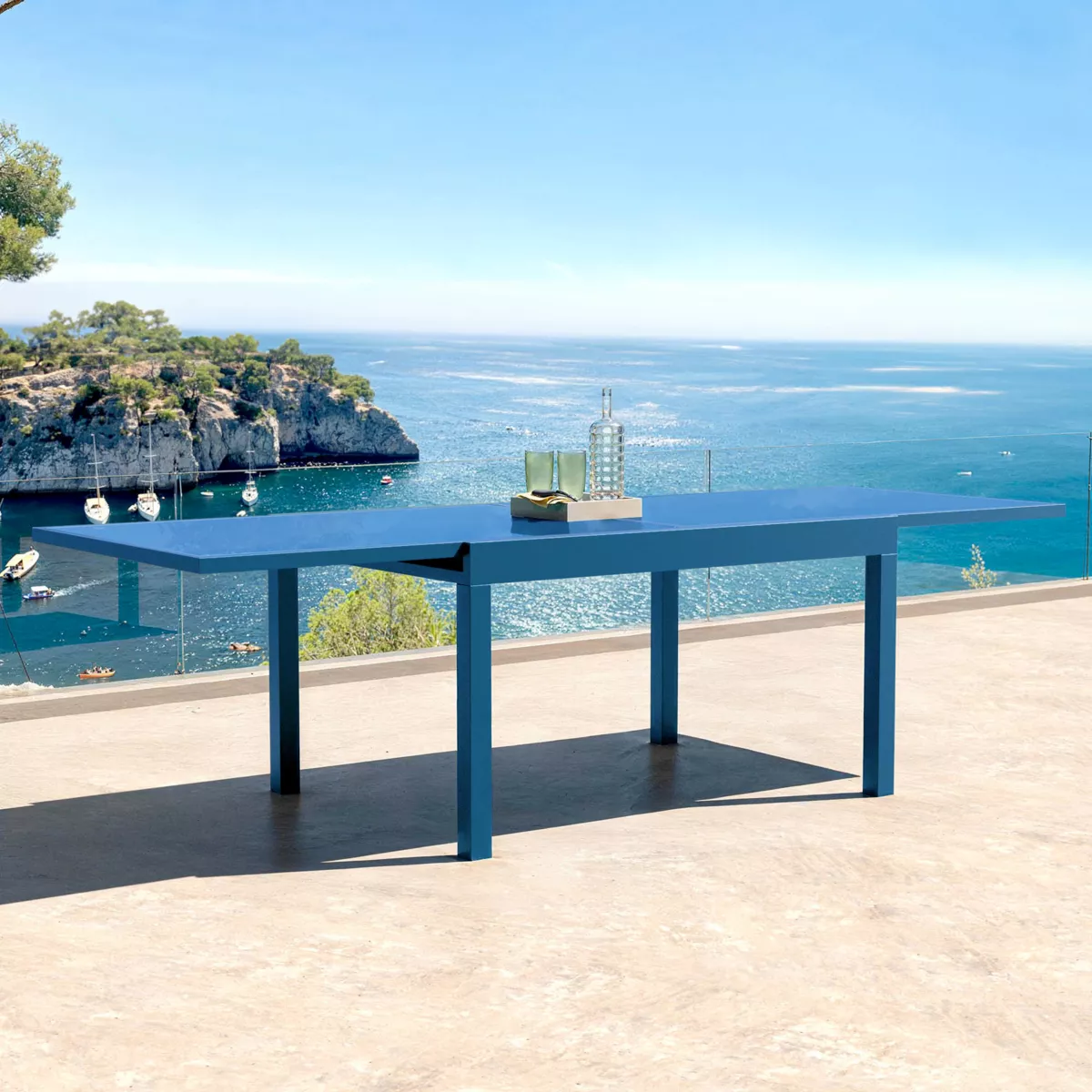 Table de jardin extensible en verre 10 places (135/270 x 90 cm) Murano Bleu pétrole
