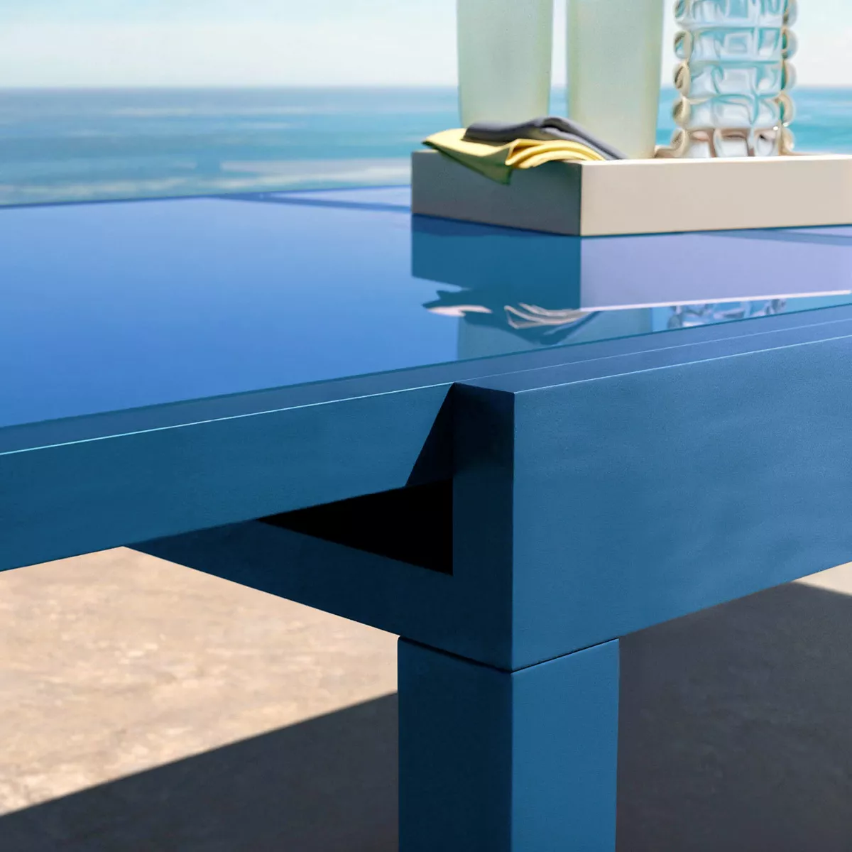 Table de jardin extensible en verre 10 places (135/270 x 90 cm) Murano Bleu pétrole