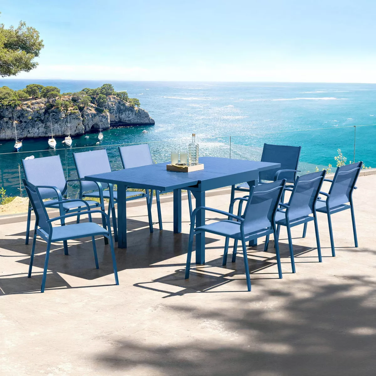 Tavolo da giardino allungabile in vetro per 8 persone (90/180 x 90 cm) Murano Blu