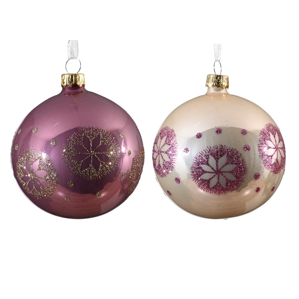 Set di 6 palline di Natale in vetro (D80 mm) Medaglione di neve Rosa e perla
