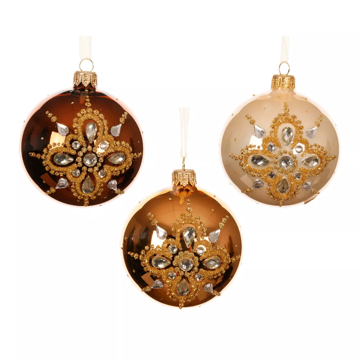 Lote de 6 bolas de Navidad de vidrio (D80 mm) Diamante de prestigio Perla, Cognac y Café marrón