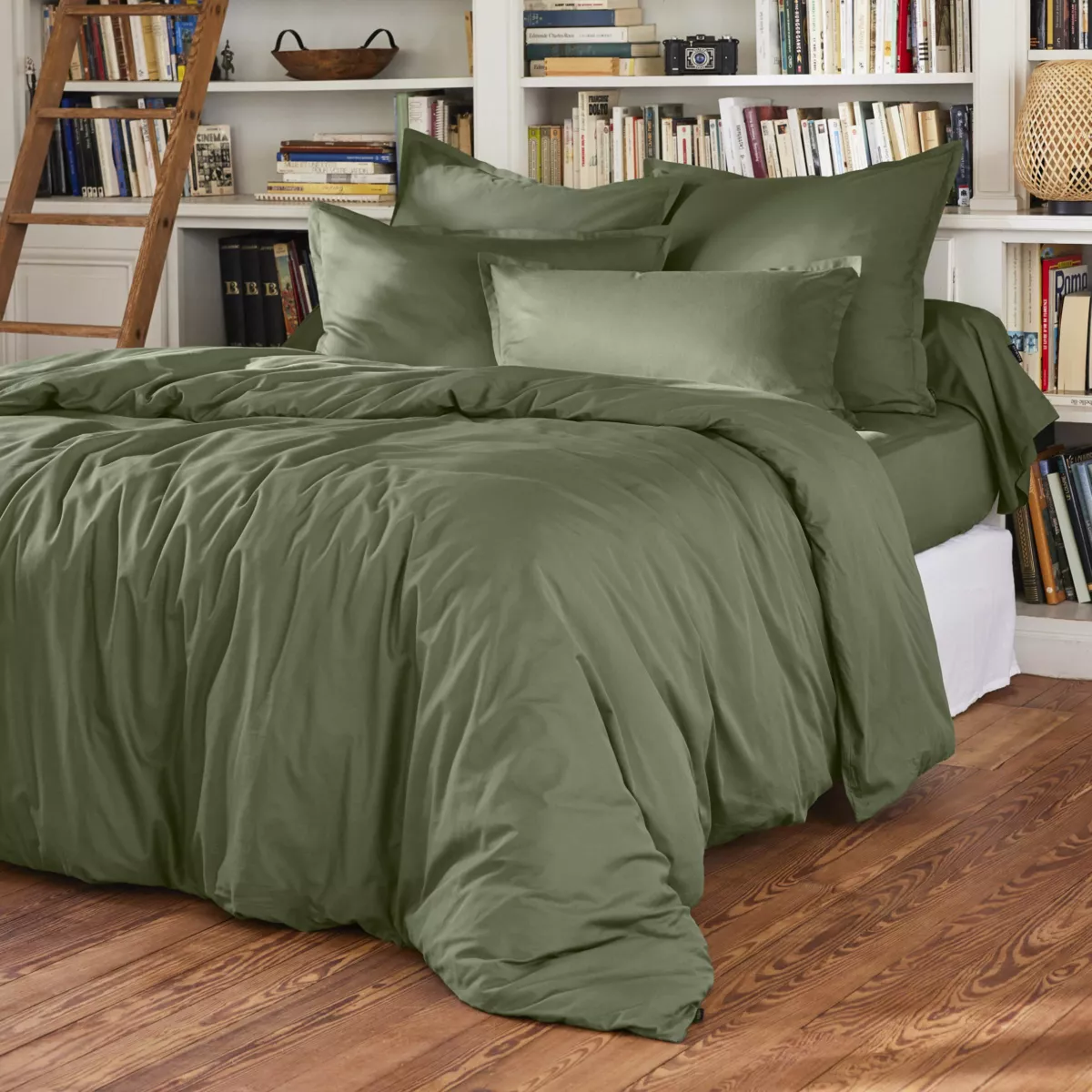 Funda de almohada rectangular en percal de algodón (80 cm) Cali Verde romero