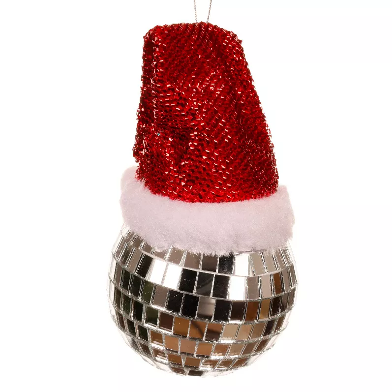Pallina di Natale (D80 mm) Disco a sfaccettature con cappello Babbo Natale Argento
