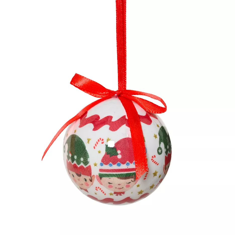 Set von 7 Weihnachtskugeln (D60 mm) Kleine Weihnachtswichtel Weiß und Rot
