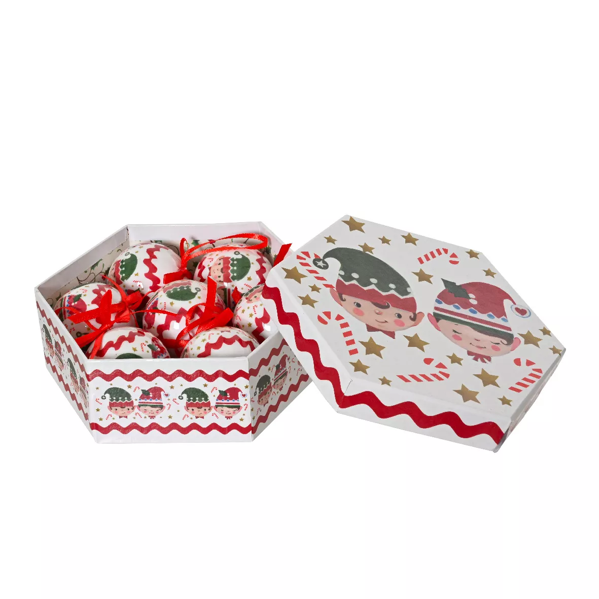 Set di 7 palline di Natale (D60 mm) Piccoli Elfi di Natale Bianco e rosso