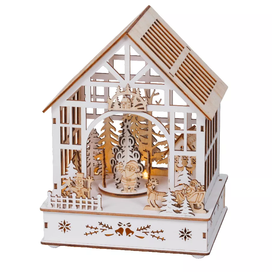 Villaggio di Natale in legno luminoso, musicale e animato a pile (18 x 24 cm) Giardino d'inverno