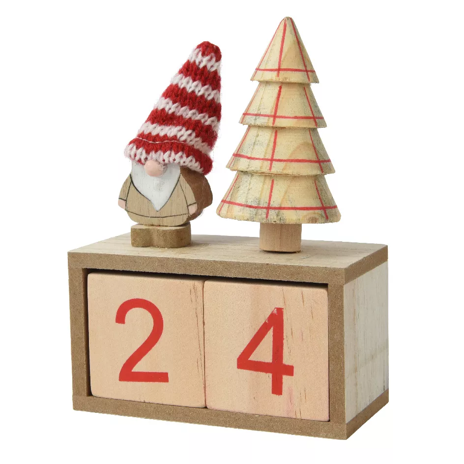 Calendario dell'Avvento in cubi di legno (H18 cm) Babbo Natale con cappello Rosso