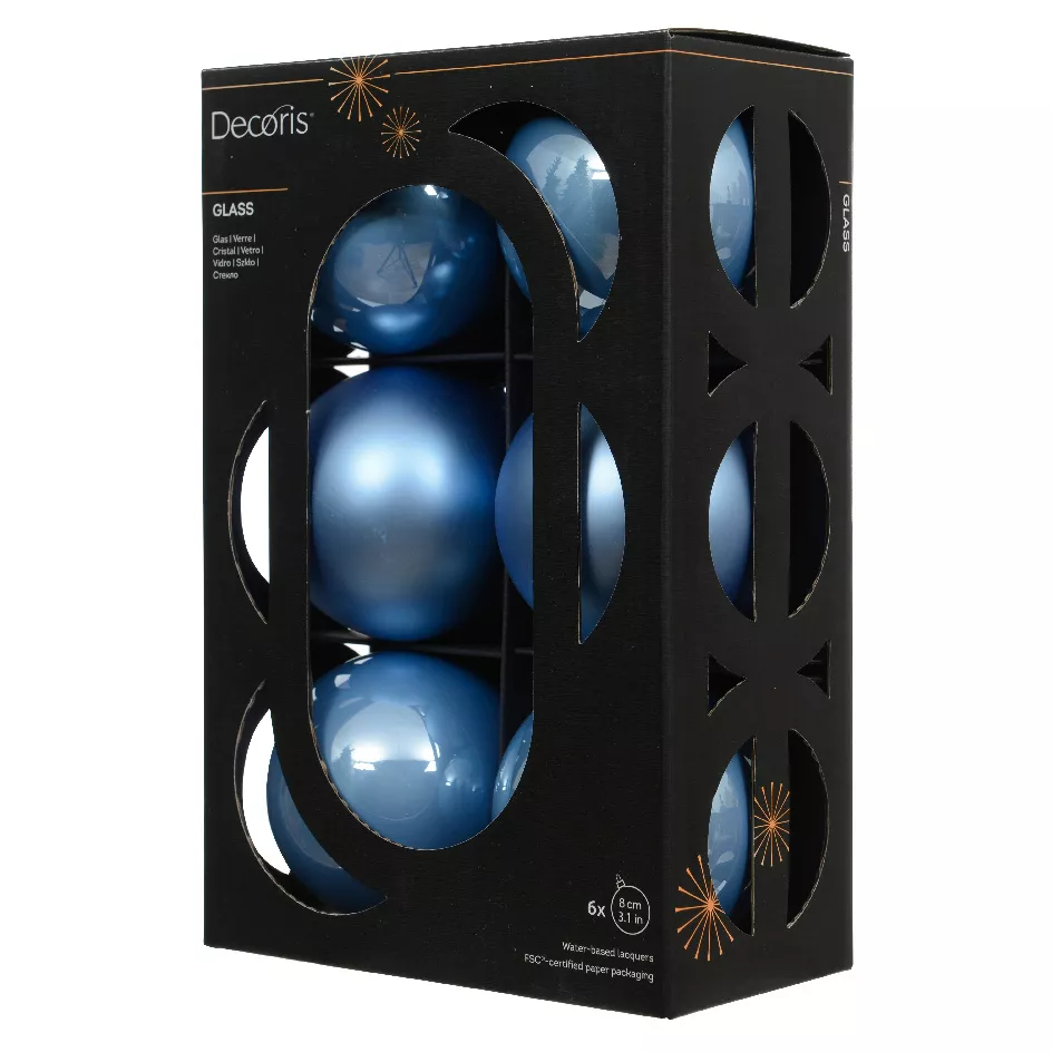 Boite a 6 Boules verre dia8cm sky blue Boréal (EMBALLAGE 100% RECYCLE certifié fsc)